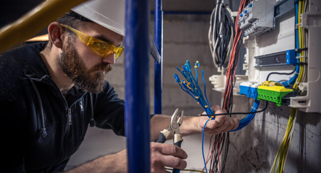 A male electrician works in a switchboard with an electrical connecting cable. A male electrician works in a switchboard with an electrical connecting cable, connects the equipment with tools.
